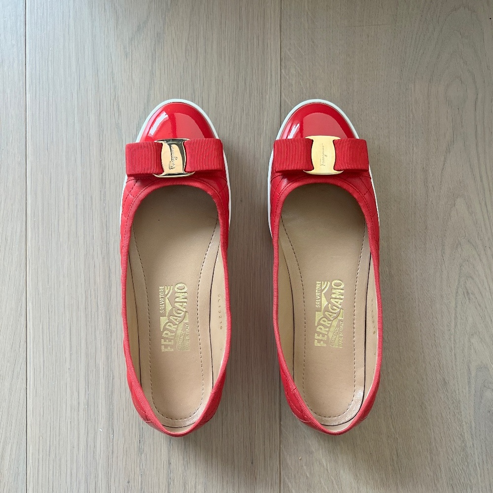 Salvatore Ferragamo Red Quilted Patent and Leather Red Flats Size 7